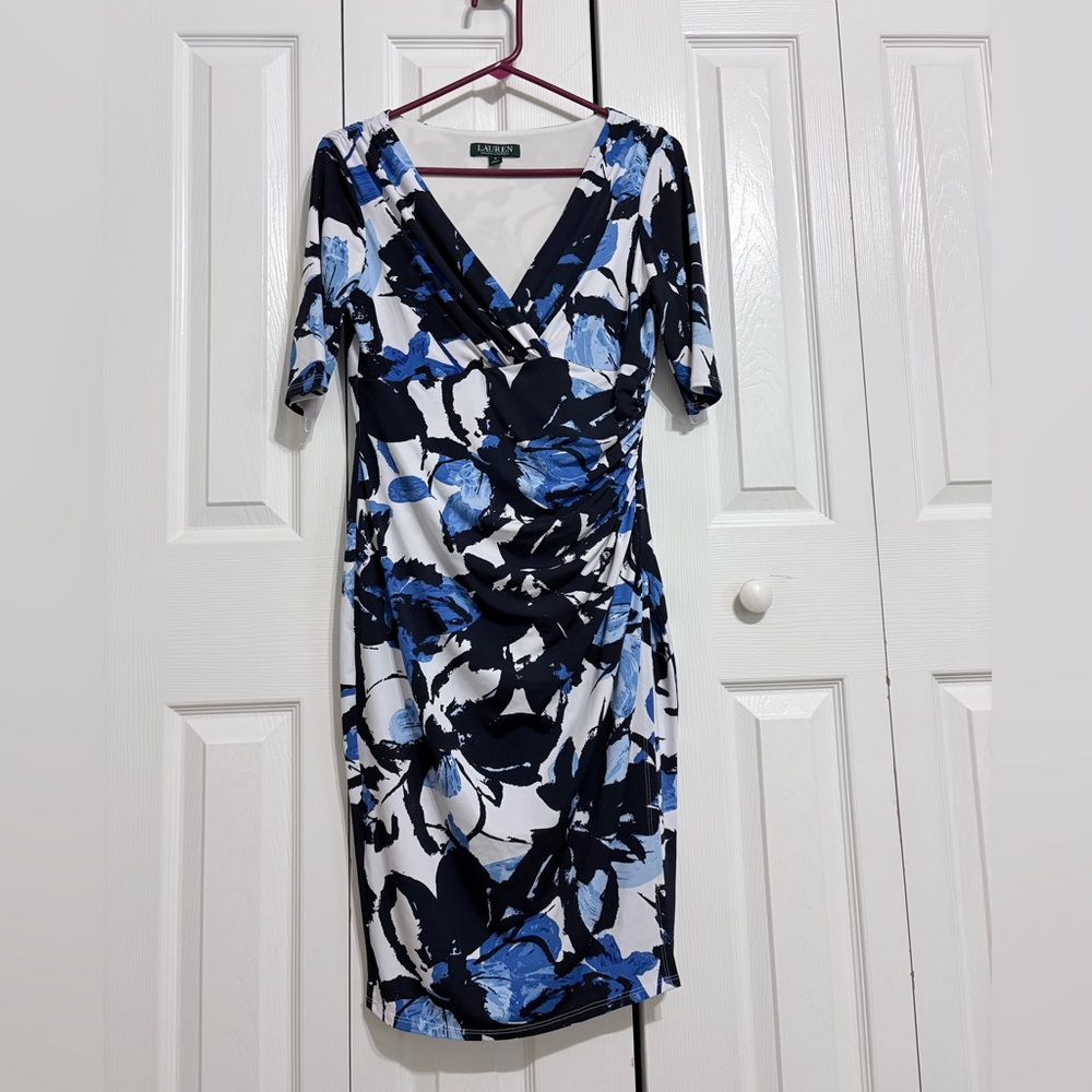 Lauren Ralph Lauren Blue & White Floral Faux Wrap Sheath Dress, size 8